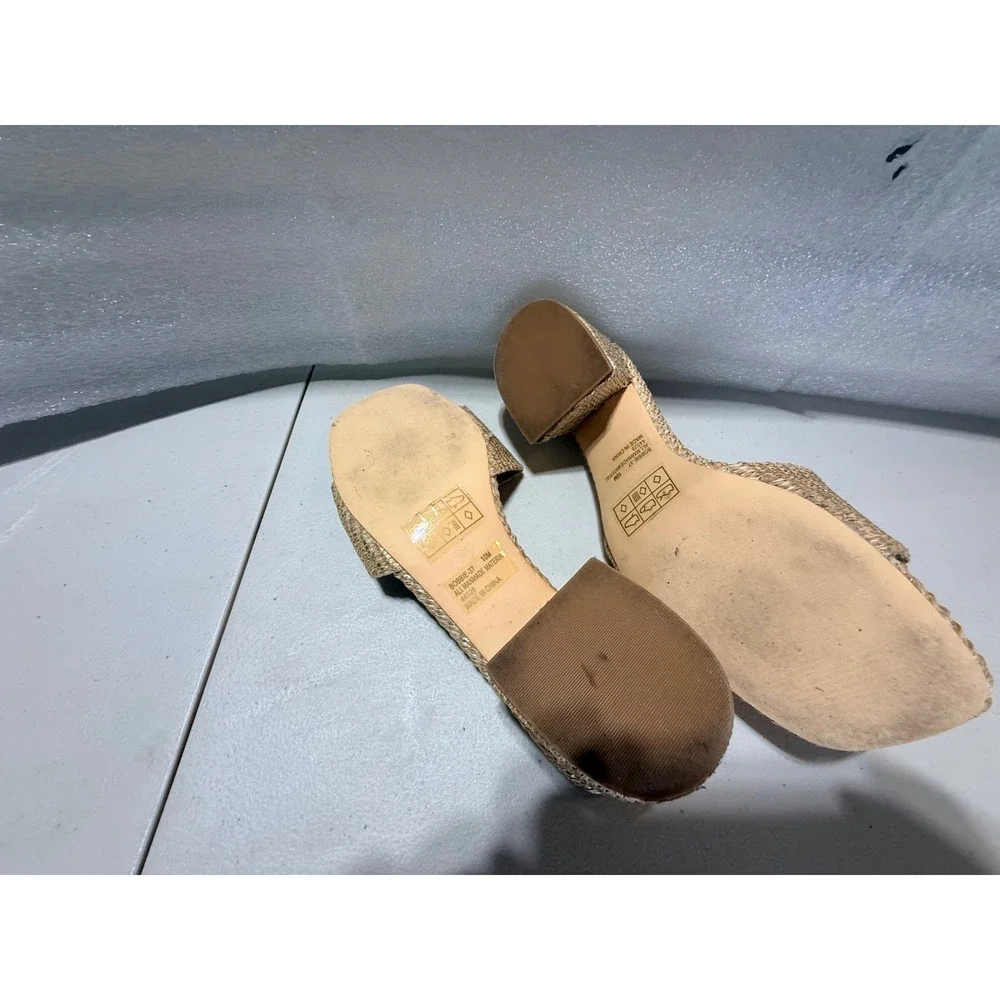 Bamboo Bobbie-37 Woven Raffia Block Heel Slide Sandals Gold Buckle Beige 10M